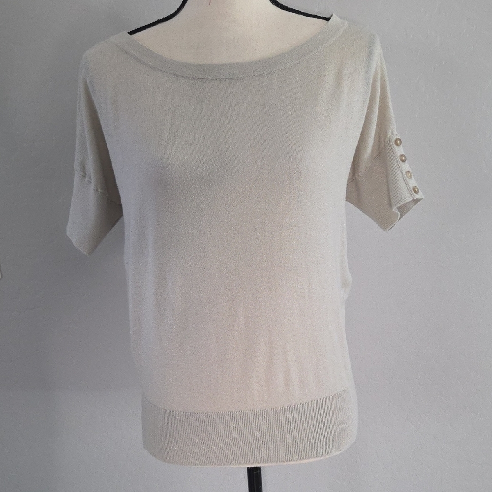 LOFT Women's Tan/Gold Shimmer Short Sleeve Thin Sweater Size Md